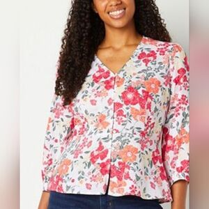Liz Claiborne Blouse Womens Size Small White Flowers Floral V-Neck Top Ladies
